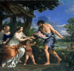 Faustulus vertraut Romulus und Remus seiner Frau Acca Larentia an, um 1643